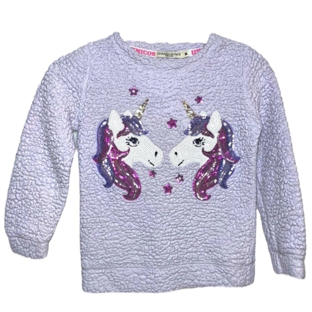 Chance or Fate Unicorn Girls Medium Pullover fuzzy sweater purple sequin Sherpa